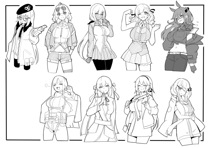 6+girls =3 ak-12_(girls'_frontline) belt beret black_pantyhose breasts character_request chewing_gum closed_mouth coat cowboy_shot cropped_legs dark_skin girls'_frontline glasses greyscale grizzly_mkv_(girls'_frontline) hair_ornament hair_over_one_eye hair_ribbon hairband hairclip hat huge_breasts jacket large_breasts long_hair looking_at_viewer m590_(girls'_frontline) midriff monochrome multiple_girls navel open_clothes open_jacket open_mouth pants pantyhose pleated_skirt ribbon simple_background skirt smile spas-12_(girls'_frontline) springfield_(girls'_frontline) tac-50_(girls'_frontline) type_80_(girls'_frontline) type_88_(girls'_frontline) warashi white_background