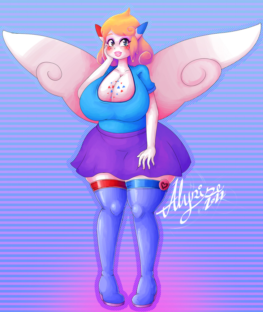 2022 abstract_background alyrise big_breasts blue_eyes blush boots bottomwear breast_freckles breasts cleavage clothed clothing female footwear freckles full-length_portrait generation_4_pokemon gradient_hair hair heterochromia hi_res holding_face huge_breasts humanoid legwear lips mature_female nintendo pokemon pokemon_(species) pokemon_humanoid pokemorph portrait red_eyes shirt skirt smile solo thigh_boots thigh_highs togekiss topwear white_body white_skin wide_hips wings