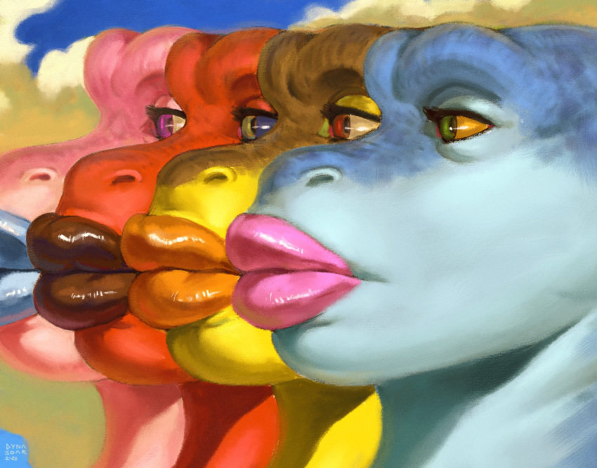 2021 anthro blue_body blue_lips blue_markings blue_scales brown_lips cloud cloudscape digital_media_(artwork) digital_painting_(artwork) dinosaur dyna_soar eyelashes female group headshot_portrait hi_res lips lipstick looking_away makeup markings orange_lips pink_body pink_eyes pink_lips pink_scales portrait profile_view red_body red_eyes red_scales reptile saurian_(disambiguation) scales scalie signature sky thick_lips yellow_body yellow_eyes yellow_scales