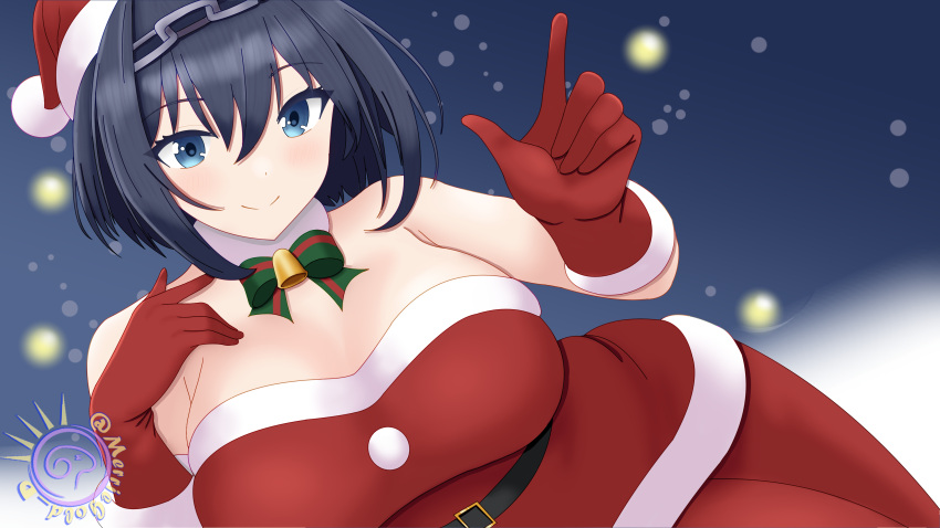 1girl absurdres bangs belt black_hair blue_eyes blue_hair bow breasts chain_headband christmas hat highres holocouncil hololive hololive_english large_breasts looking_at_viewer merriegold_d ouro_kronii santa_costume santa_hat self_upload snow virtual_youtuber