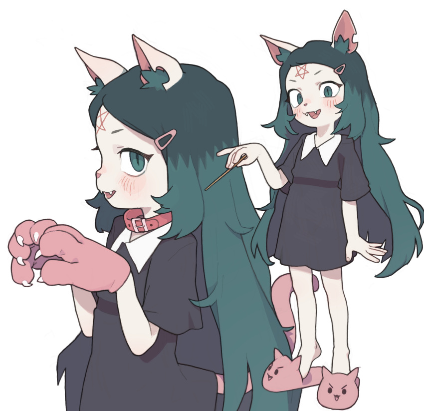 1girl :3 animal_ear_fluff animal_ears animal_hands animal_nose arm_at_side black_dress blush cat_ears cat_tail claire_d'lune collar commentary dress english_commentary fangs flat_chest forehead_tattoo from_side full_body gloves green_eyes green_hair hair_ornament hairclip hand_up hands_up highres holding holding_wand long_hair looking_at_viewer medium_dress messy_hair multicolored_hair multiple_views open_mouth opossumachine paw_gloves pentagram pink_footwear profile red_collar short_eyebrows short_sleeves sidelocks simple_background slippers slit_pupils smile solo straight_hair tail the_summoning two-tone_hair upper_body v-shaped_eyebrows very_long_hair wand white_background white_collar