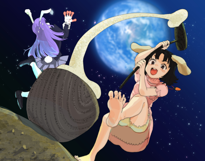 2girls 3735geriragouki animal_ears bare_arms bare_legs barefoot black_hair brown_eyes carrot carrot_necklace dress dutch_angle earth_(planet) fisheye floppy_ears food foot_up from_below highres holding holding_mallet inaba_tewi injury jacket jewelry jumping kine long_hair long_sleeves mallet medium_hair mochi mochitsuki moon mortar multiple_girls necklace open_mouth pain pendant pink_dress planet purple_hair rabbit_ears rabbit_girl rabbit_tail reisen_udongein_inaba short_sleeves skirt sky smile soles standing standing_on_one_leg star_(sky) starry_sky tail tail_through_clothes toes touhou v-shaped_eyebrows very_long_hair