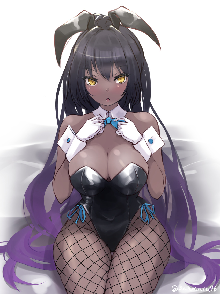 1girl absurdres adjusting_bowtie animal_ears bare_shoulders black_hair black_leotard blue_archive blue_bow blue_bowtie bow bowtie breasts breasts_squeezed_together cleavage covered_navel dark-skinned_female dark_skin detached_collar fake_animal_ears fishnet_pantyhose fishnets gloves gradient_hair highleg highleg_leotard highres karin_(blue_archive) karin_(bunny)_(blue_archive) kuro_(be_ok) large_breasts leotard long_hair looking_at_viewer multicolored_hair official_alternate_costume open_mouth pantyhose playboy_bunny purple_hair rabbit_ears rabbit_tail sitting solo strapless strapless_leotard tail thigh_gap traditional_bowtie very_long_hair white_gloves wrist_cuffs yellow_eyes