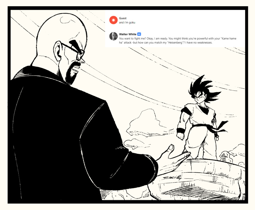 2boys animification bald black_border border breaking_bad crossover dougi dragon_ball dragon_ball_z english_commentary english_text facial_hair glasses goatee highres jacket monochrome multiple_boys open_hand open_mouth screencap_inset shadow son_goku spiked_hair toriyama_akira_(style) walter_white xtremexavier