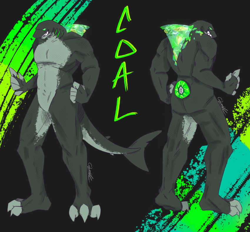 anthro claws coal_(axlproto) crystal elemental_creature fish green_eyes green_fin long_claws male marine mineral_fauna shark solo spindlydindly unusual_anatomy unusual_fin