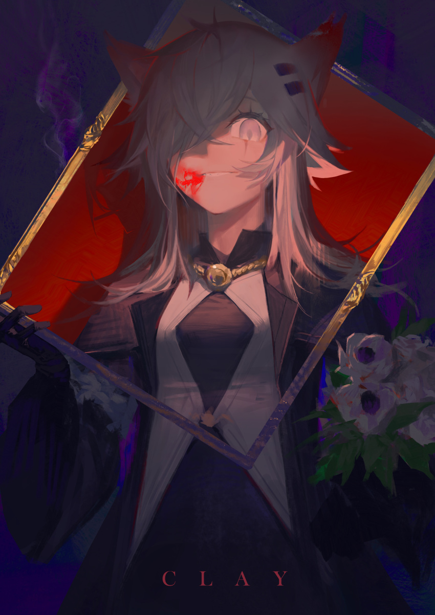 1girl :d absurdres animal_ears arknights artist_name bangs black_coat blood blood_on_face bouquet clay_(clayjun) coat flower grey_eyes grey_hair grin hair_over_one_eye highres holding holding_bouquet lappland_(arknights) lappland_(refined_horrormare)_(arknights) long_hair long_sleeves looking_at_viewer rose scar scar_across_eye smile solo teeth upper_body white_flower white_rose wolf_ears wolf_girl