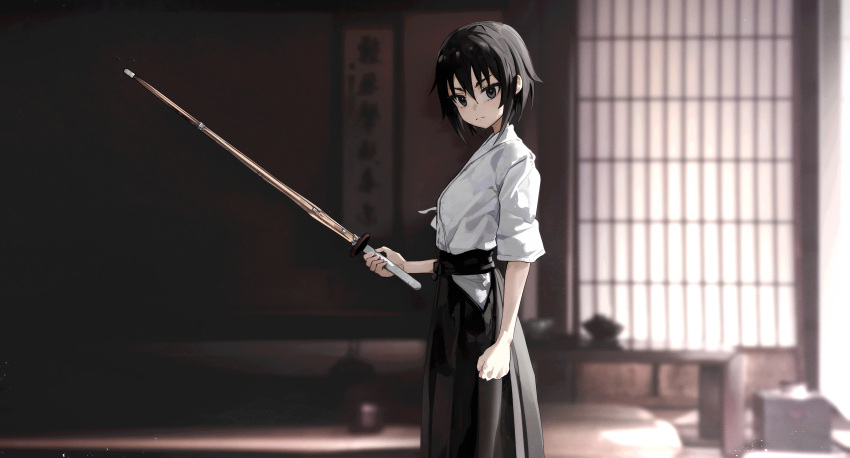 1girl absurdres bangs black_eyes black_hair blurry blurry_background clenched_hand dojo frown highres hip_vent holding holding_sword holding_weapon indoors japanese_clothes kagawa_rin kendo looking_at_viewer mo0o0rae shinai short_hair short_sleeves skirt sleeves_past_elbows solo soredemo_ayumu_wa_yosetekuru sword weapon