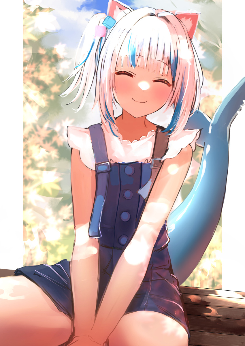 1girl absurdres animal_ear_fluff animal_ears bangs bare_arms blue_hair blue_shorts blunt_bangs blush cat_ears closed_eyes closed_mouth commentary facing_viewer fish_tail gawr_gura highres hololive hololive_english multicolored_hair one_side_up oreazu own_hands_together shark_tail shorts sitting sleeveless smile solo streaked_hair tail upper_body virtual_youtuber white_hair