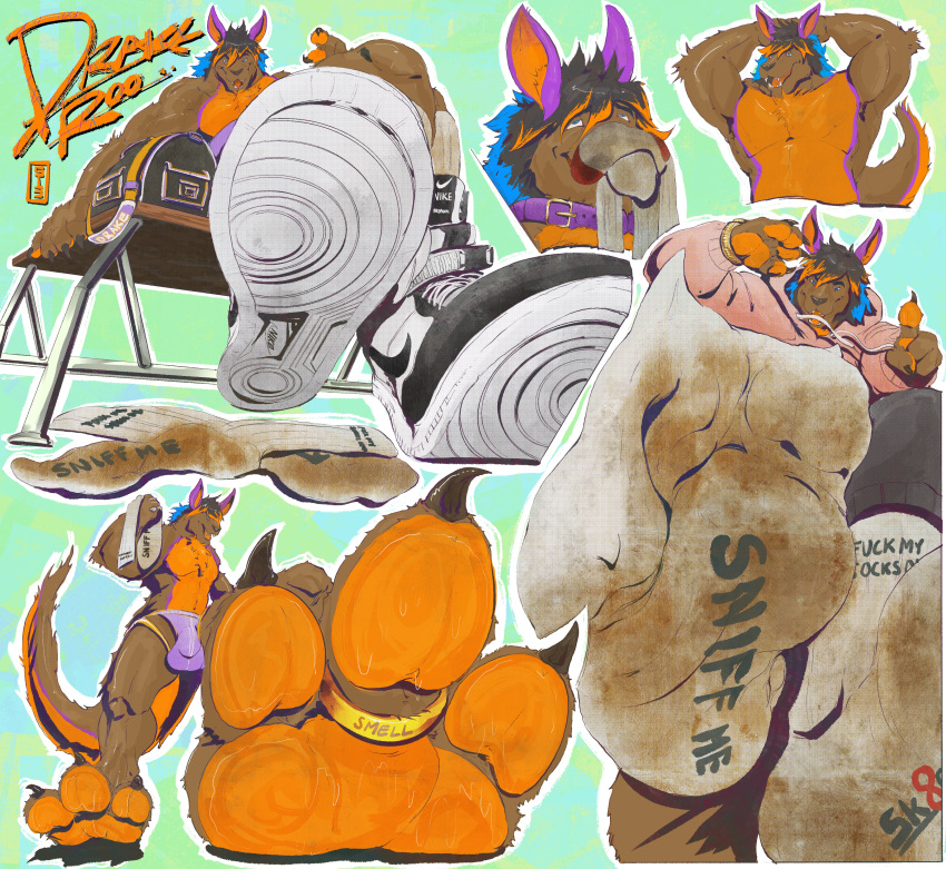 2021 3_toes 4_fingers absurd_res ahegao anthro armpit_showing balls_outline barefoot black_bottomwear black_clothing black_hair bodily_fluids bottomwear brown_body brown_fur bulge character_name clothed clothing digital_media_(artwork) dirty_socks drake_kangaroo english_text feet fingers foot_fetish foot_focus footwear fur genital_outline green_background gym_bag hair hands_behind_head hi_res holding_clothing holding_footwear holding_object holding_socks hoodie kangaroo looking_at_viewer looking_pleasured low-angle_view macropod male mammal marsupial nike orange_body orange_fur orange_pawpads pawpads penis_outline pink_clothing pink_hoodie pink_topwear pinkgirlpen purple_clothing purple_underwear shoes signature simple_background sketch_page sneakers socks socks_on_face soles solo sweat sweaty_feet text toes topless topless_male topwear underwear