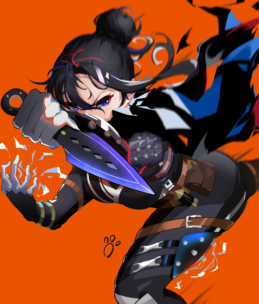 1girl absurdres animification apex_legends bingqianlan_ka black_bodysuit black_gloves black_hair black_scarf blue_eyes bodysuit breasts electricity gloves hair_bun highres holding holding_knife holding_weapon knife kunai looking_to_the_side medium_breasts motion_blur open_hand orange_background paw_print running scarf single_hair_bun solo v-shaped_eyebrows weapon wraith's_kunai wraith_(apex_legends)