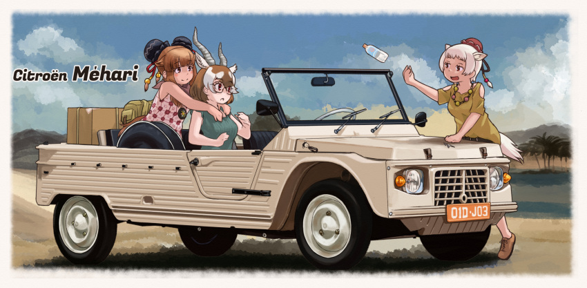 3girls alternate_costume alternate_hair_color antelope_ears antelope_horns bactrian_camel_(kemono_friends) bare_shoulders blackbuck_(kemono_friends) blush bottle brown_hair camel_ears camel_girl car casual citroen citroen_mehari double_bun dromedary_(kemono_friends) extra_ears glasses green_shirt ground_vehicle hair_bun highres japari_symbol kemono_friends long_hair motor_vehicle multicolored_hair multiple_girls pink_shirt red_eyes semi-rimless_eyewear shirt short_sleeves sidelocks sleeveless t-shirt toriny two-tone_hair water_bottle white_hair yellow_shirt