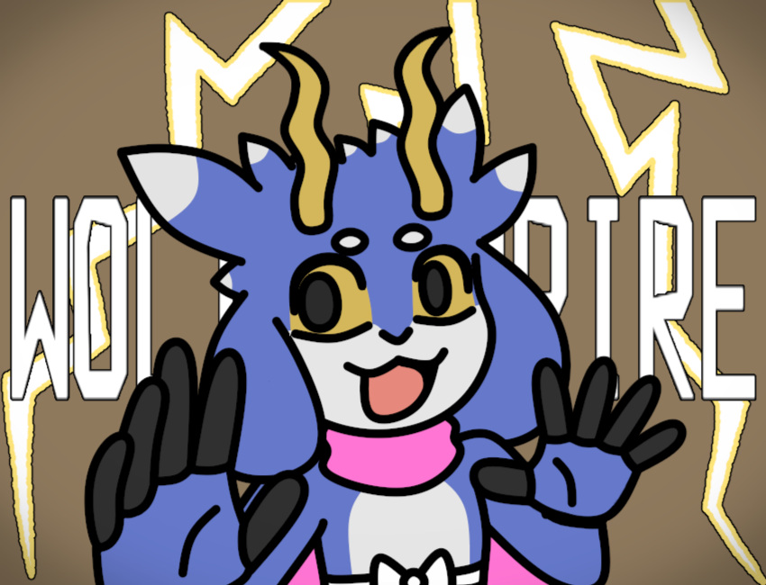 5_fingers anthro black_pupils blue_body blue_fur bovid bovine caprine circle_eyebrows electricity eyebrows fingers flofi floppy_ears fur goat hair head_tuft hi_res hooved_fingers hooves horn lightning looking_at_viewer male mammal meme meme_pose multicolored_body multicolored_fur multicolored_hair name_in_background omg open_mouth pink_scarf pupils raised_eyebrow ribbons scarf simple_background solo surprise text thunderstorm tongue tuft unexpected volt_goat wavy_horn white_body white_fur white_ribbon wolt yellow_horn yellow_sclera