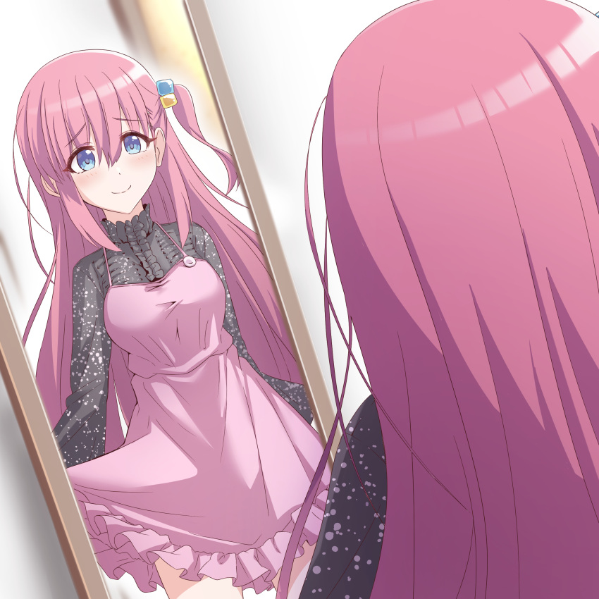 2girls asymmetrical_sidelocks bangs blouse blue_eyes blurry blush bocchi_the_rock! breasts check_commentary clothes_lift commentary_request cube_hair_ornament door dress dress_lift frilled_dress frills from_behind full-length_mirror gotou_hitori hair_between_eyes hair_ornament happy highres implied_yuri indoors legs light_smile long_hair long_sleeves looking_at_mirror medium_breasts mirror multiple_girls okayu_(joneydcd) pink_hair ponytail shirt short_dress side_ponytail sidelocks smile standing thighs upper_body very_long_hair wall