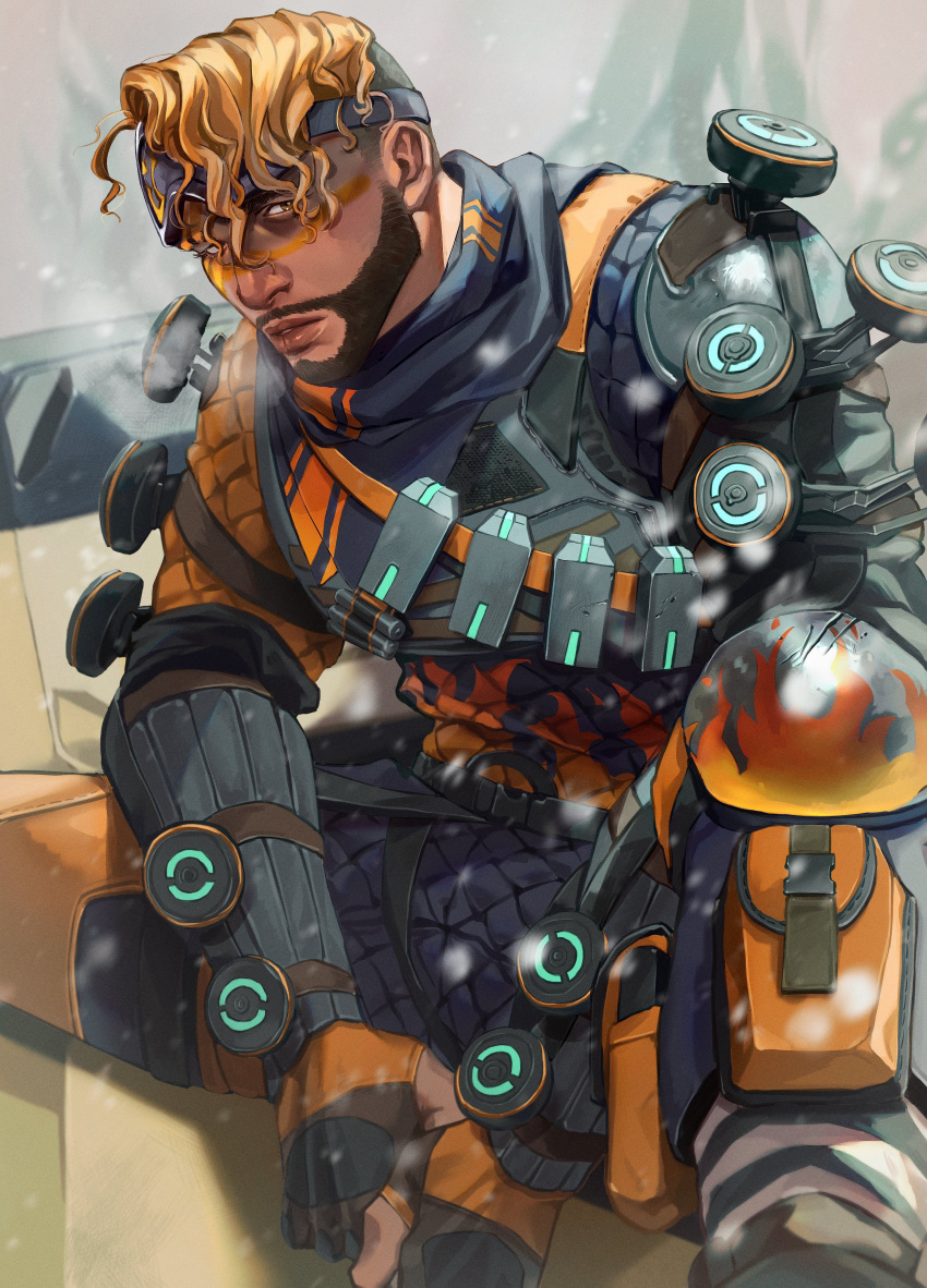 1boy absurdres apex_legends black_bodysuit black_gloves blonde_hair bodysuit box breath brown_eyes death_box_(apex_legends) facepaint facial_hair fingerless_gloves flame_print gloves goatee goggles goggles_on_head highres himawari_kappa knee_pads male_focus mirage_(apex_legends) orange_gloves orange_scarf parted_lips scarf sitting solo two-tone_gloves undercut