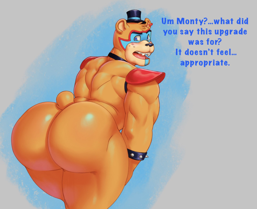 anthro bear big_butt blush butt five_nights_at_freddy's five_nights_at_freddy's:_security_breach glamrock_freddy_(fnaf) hi_res humanoid hunnipanda male male_focus mammal muscular muscular_male nude rear_view scottgames solo solo_focus thick_thighs