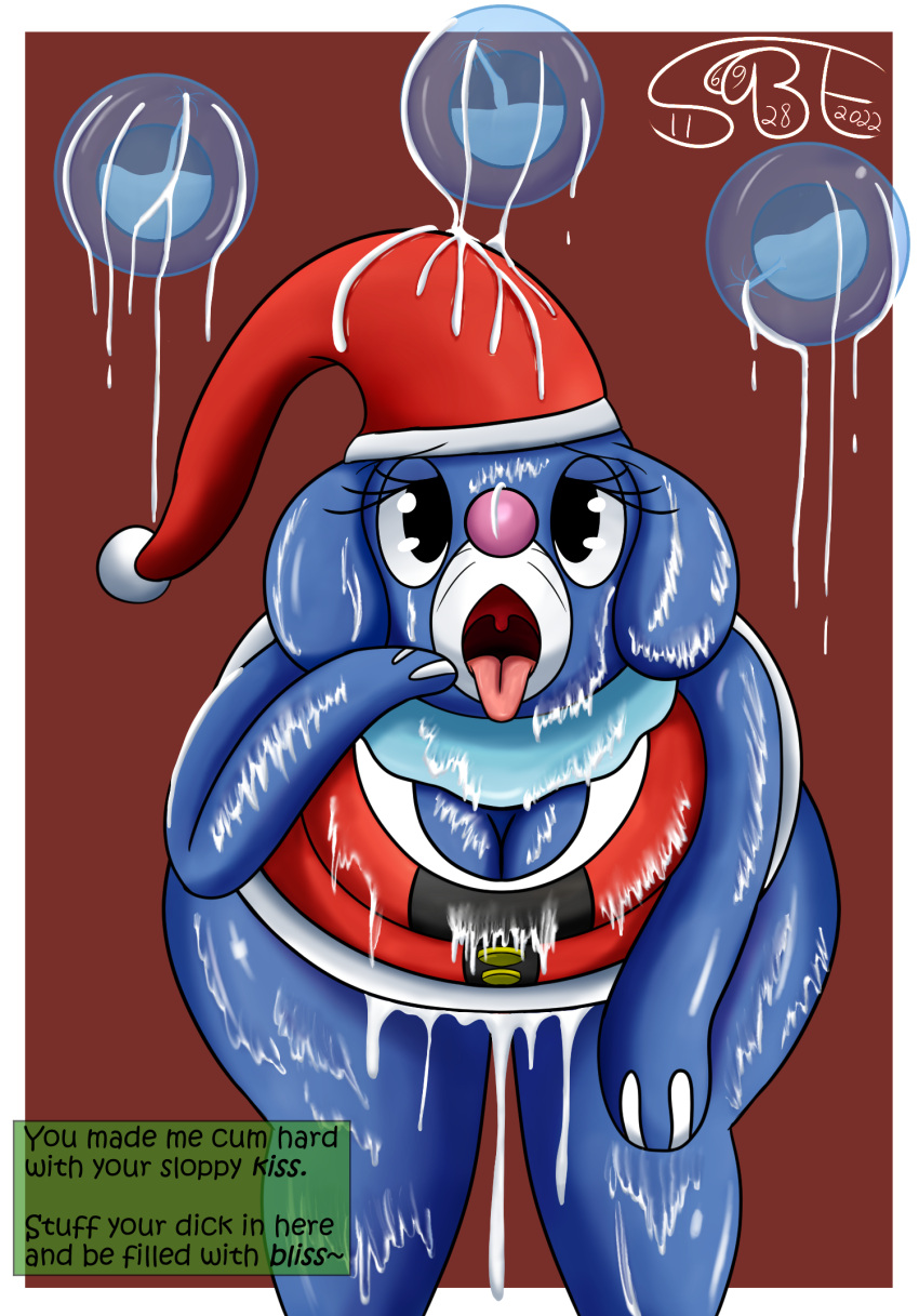 anthro blue_body bodily_fluids bubble christmas christmas_clothing christmas_headwear clothing cum cum_drip cum_on_body cum_on_clothing cum_on_face dripping excessive_cum excessive_genital_fluids female fizzy_pop_the_popplio floppy_ears generation_7_pokemon genital_fluids hat headgear headwear hi_res holidays looking_at_viewer looking_back nintendo open_mouth oral_invitation pokemon pokemon_(species) pokemorph popplio santa_hat sexybigears69 solo text thick_thighs