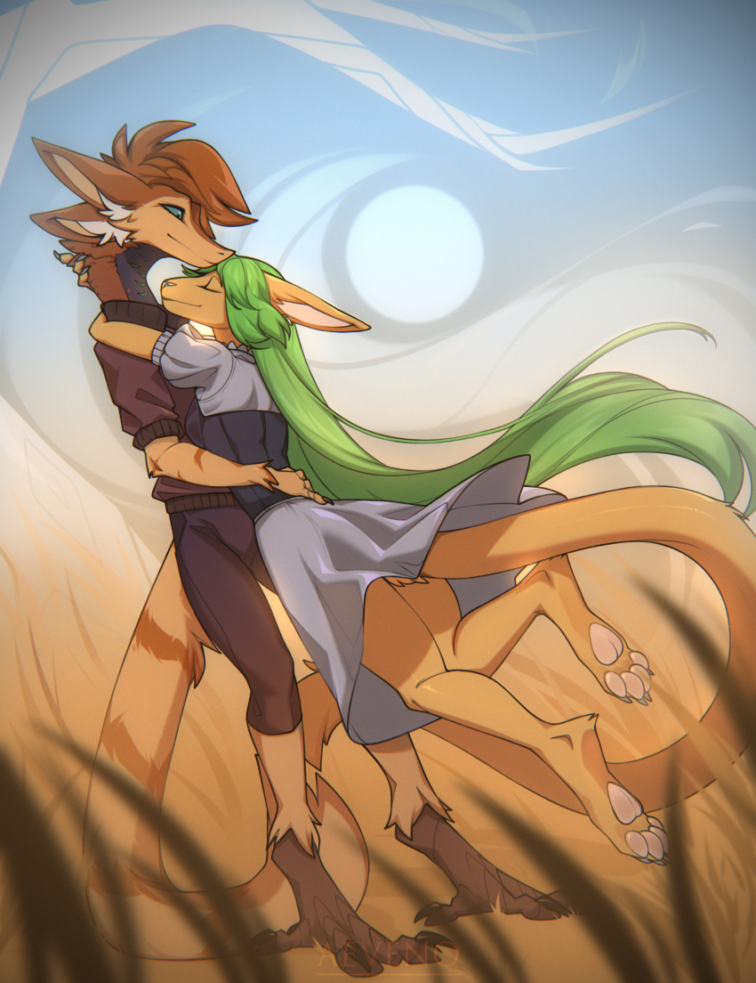 4_ears absurd_res aeveno_(artist) anthro blue_eyes claws clothed clothing dress duo elva embrace eyes_closed female fur grass green_hair hair hi_res hug inner_ear_fluff long_hair long_tail male multi_ear nails orange_body orange_fur orange_hair outside pawpads plant smile standing tail tree tuft turo unknown_species white_inner_ear_fluff