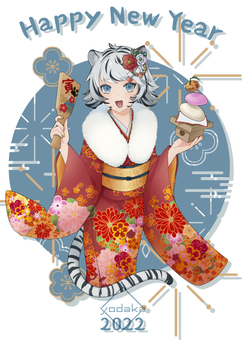 1girl 2022 absurdres animal_ears artist_name bangs black_hair blue_eyes chinese_zodiac commentary cropped_legs english_text floral_print flower food fruit fur_collar furisode grey_hair hagoita hair_flower hair_ornament hanetsuki happy_new_year highres holding holding_paddle japanese_clothes kagami_mochi kimono long_sleeves looking_at_viewer mandarin_orange minato_yodaka multicolored_hair new_year obi open_mouth original paddle print_kimono red_kimono sash short_hair smile solo standing streaked_hair tail tiger_ears tiger_girl tiger_tail wide_sleeves year_of_the_tiger