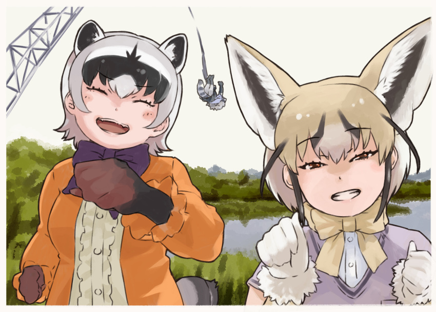 3girls animal_ears black_gloves blonde_hair blush bow bowtie center_frills closed_eyes commentary_request common_raccoon_(kemono_friends) crab-eating_raccoon_(kemono_friends) elbow_gloves extra_ears fennec_(kemono_friends) fox_ears fox_girl fox_tail frilled_sleeves frills fur_trim gloves grey_gloves grey_hair highres kemono_friends long_sleeves multiple_girls orange_shirt pink_sweater raccoon_ears raccoon_girl raccoon_tail shirt short_sleeves sweater tail toriny white_fur white_gloves white_hair white_shirt yellow_bow yellow_bowtie