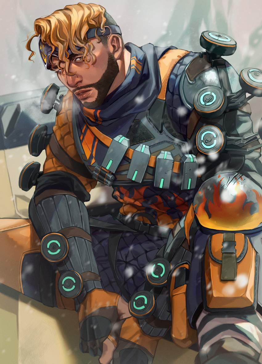 1boy absurdres apex_legends black_bodysuit black_gloves blonde_hair bodysuit box breath brown_eyes death_box_(apex_legends) facial_hair fingerless_gloves flame_print gloves goatee goggles goggles_on_head highres himawari_kappa knee_pads male_focus mirage_(apex_legends) orange_gloves orange_scarf parted_lips scarf sitting solo two-tone_gloves undercut