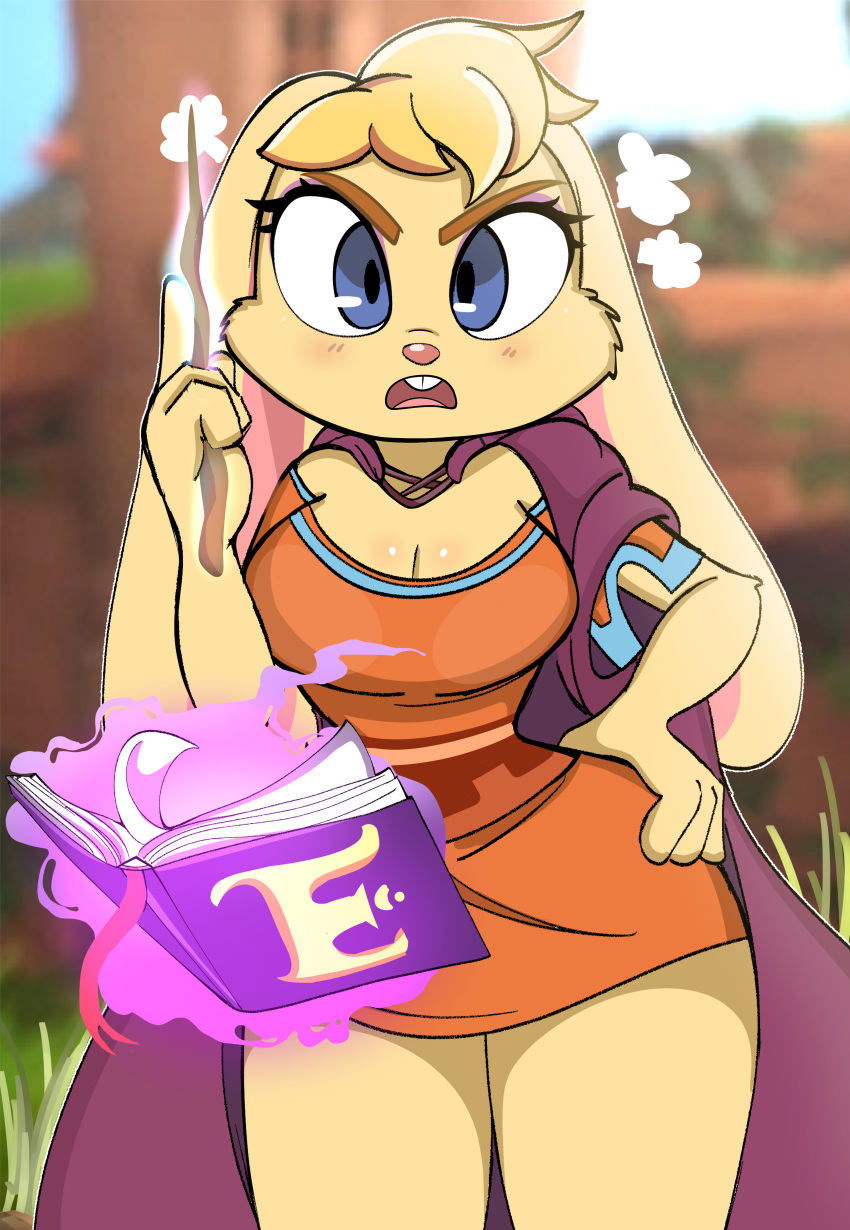 absurd_res activision anthro bianca_(spyro) big_breasts blush book breasts buckteeth cleavage cloak clothed clothing female hand_on_hip hi_res lagomorph leporid looking_at_viewer magic magic_glow mammal onibi open_mouth rabbit solo spyro_the_dragon teeth wand wide_hips