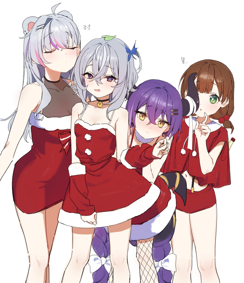 4girls absurdres ahoge animal_ears bangs bare_shoulders bell blush braid breasts brown_hair character_request christmas cleavage closed_eyes detached_sleeves dress fishnet_thighhighs fishnets green_eyes grey_hair hair_ornament hairclip highres horns long_hair looking_at_viewer midriff multicolored_hair multiple_girls navel neck_bell open_mouth pink_hair purple_hair red_dress santa_dress short_hair simple_background star-shaped_pupils star_(symbol) streaked_hair suspenders syhan symbol-shaped_pupils thighhighs very_long_hair virtual_youtuber white_background white_hair yellow_eyes