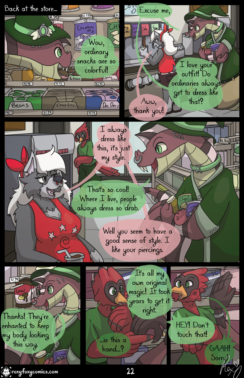 absurd_res anthro avian bird canid canine canis clothed clothing comic english_text female group hi_res magic_user male mammal piercing reptile roxythefoxy rude scalie shopping slap snacks snake store text trio url wolf