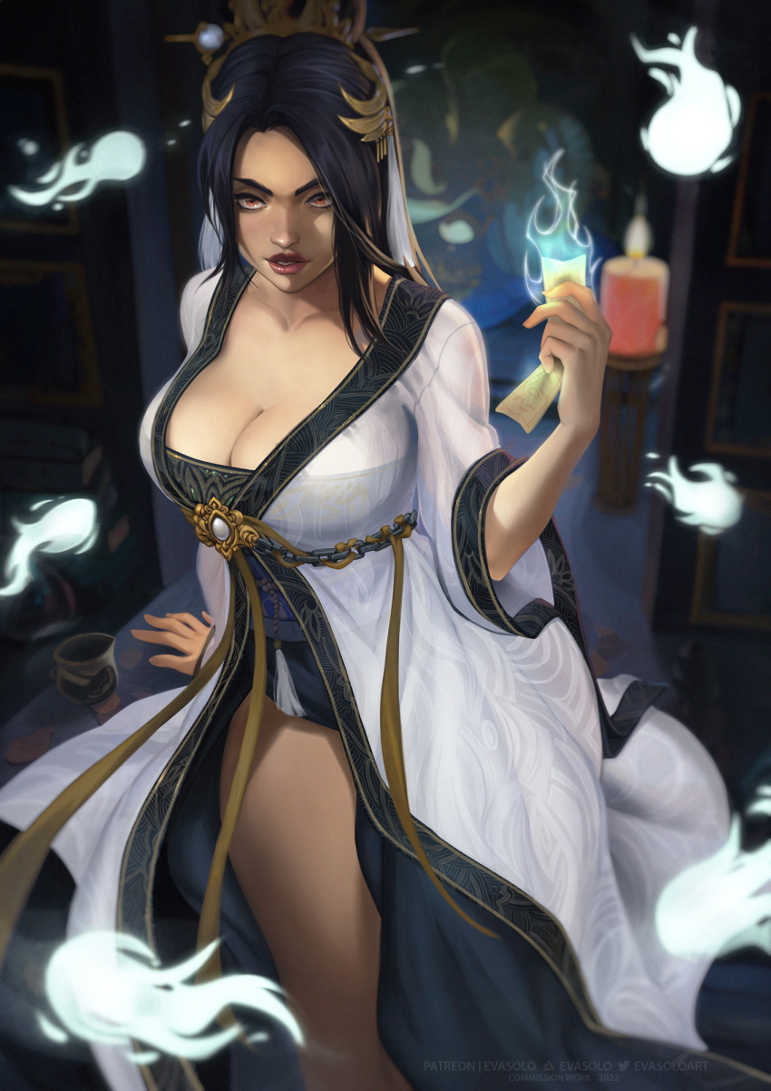 1girl black_hair blurry blurry_background breasts brown_eyes chain cleavage commission eva_solo headdress highres hitodama large_breasts lips long_hair looking_at_viewer obi ofuda original parted_lips sash see-through solo