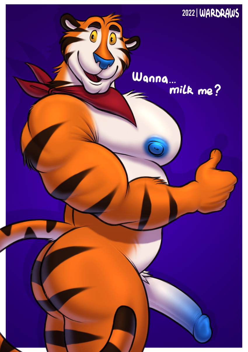absurd_res anthro big_butt big_pecs blue_nipples blue_nose bubble_butt butt erection felid frosted_flakes fur genitals gesture hi_res humanoid_genitalia humanoid_penis inviting kellogg's kerchief kerchief_only looking_at_viewer male mammal mascot mostly_nude muscular muscular_anthro muscular_male neckerchief neckerchief_only nipples orange_body orange_fur pantherine pecs penis side_view solo standing striped_body striped_fur stripes thumbs_up tiger tony_the_tiger wardraws yellow_eyes