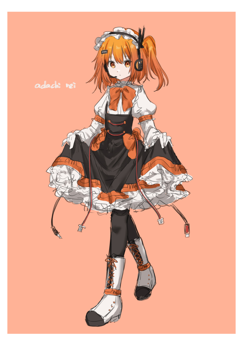 1girl a.i._voice absurdres adachi_rei armband black_dress boots bow bowtie character_name commentary cross-laced_footwear dot_mouth dot_nose dress frilled_dress frills full_body headphones headset highres kirima_(zs_at_) lace-up_boots looking_at_viewer maid_headdress orange_background orange_bow orange_bowtie orange_eyes orange_hair pantyhose shirt short_hair side_ponytail skirt_hold solo sound_wave standing utau white_footwear white_shirt