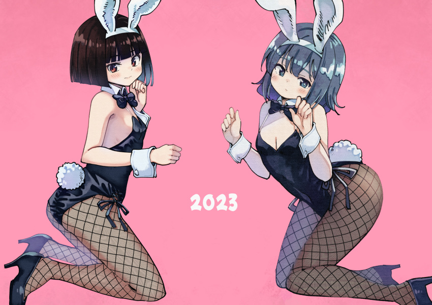 2023 2girls akemiho_tabi_nikki animal_ears bangs bare_shoulders black_bow black_bowtie black_footwear black_hair black_leotard black_pantyhose blue_eyes blue_hair blunt_bangs blush bob_cut bow bowtie breasts brown_eyes cleavage collar commentary_request curled_fingers dated detached_collar fake_animal_ears fake_tail fishnet_pantyhose fishnets from_side fukube_tamaki funa_fukube hair_between_eyes hairband hand_to_own_face hands_up high_heels highres kneeling kouno_hikaru leotard looking_at_viewer looking_to_the_side multiple_girls new_year original pantyhose pink_background playboy_bunny rabbit_ears rabbit_tail shoes short_hair simple_background sleeveless small_breasts tail white_collar white_hairband wrist_cuffs