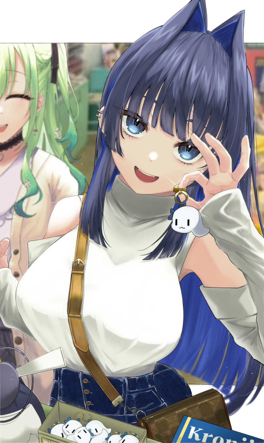 2girls absurdres arata_haru bag bare_shoulders blue_eyes blue_hair blunt_ends boros_(ouro_kronii) breasts ceres_fauna choker clothing_cutout denim green_hair hair_intakes handbag head_tilt high-waist_pants highres hololive hololive_english large_breasts long_hair looking_at_viewer multiple_girls official_alternate_costume official_alternate_hairstyle ouro_kronii shoulder_cutout smile solo_focus sweater sweater_tucked_in tented_shirt turtleneck turtleneck_sweater upper_body virtual_youtuber white_sweater