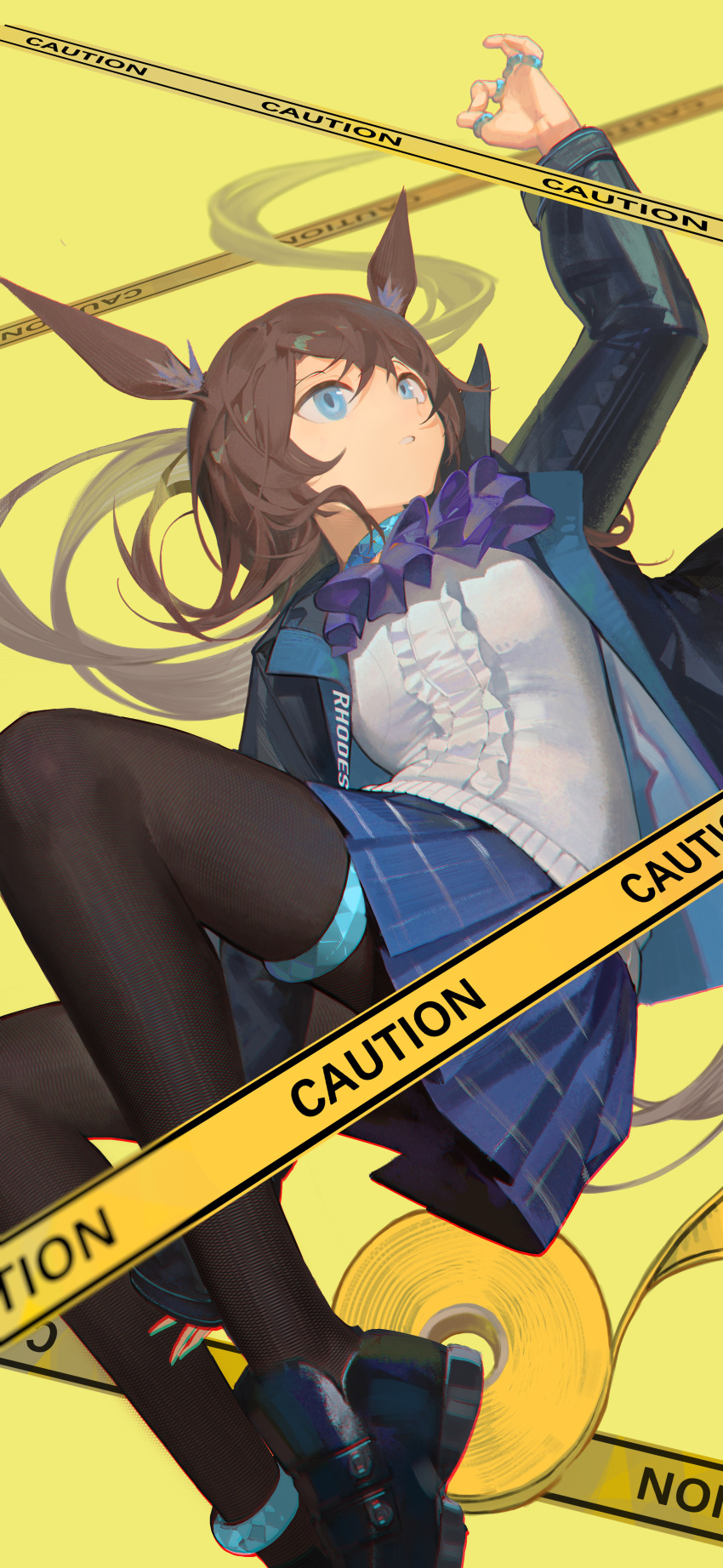 1girl :o absurdres amiya_(arknights) animal_ear_fluff animal_ears arknights arm_up ascot bangs black_jacket black_pantyhose blue_eyes blue_skirt brown_hair caution caution_tape center_frills clay_(clayjun) commentary frills hair_between_eyes highres jacket long_hair long_sleeves lying on_back open_clothes open_jacket pantyhose parted_lips pleated_skirt purple_ascot rabbit_ears shirt simple_background skirt solo very_long_hair white_shirt yellow_background