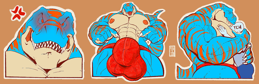2021 abs ambiguous_gender angry anthro balls_outline big_muscles big_pecs blue_body bulge clothed clothing countershading crotch_focus diesel_(ralarare) dinosaur duo embrace front_view genital_outline gesture headshot_portrait hi_res hug huge_muscles human jockstrap jockstrap_only larger_anthro larger_male looking_at_viewer male mammal markings multiple_images muscular muscular_anthro muscular_arms muscular_male nipples open_mouth orange_markings orange_nipples pecs penis_outline pinkgirlpen pointing pointing_at_crotch portrait pupils red_clothing red_jockstrap red_sclera red_underwear reptile scalie sharp_teeth side_view signature size_difference slit_pupils smaller_ambiguous smaller_human tan_body tan_countershading teeth telegram_sticker theropod tongue topless topless_male tyrannosaurid tyrannosaurus tyrannosaurus_rex underwear underwear_only vein veiny_muscles ych_(character)