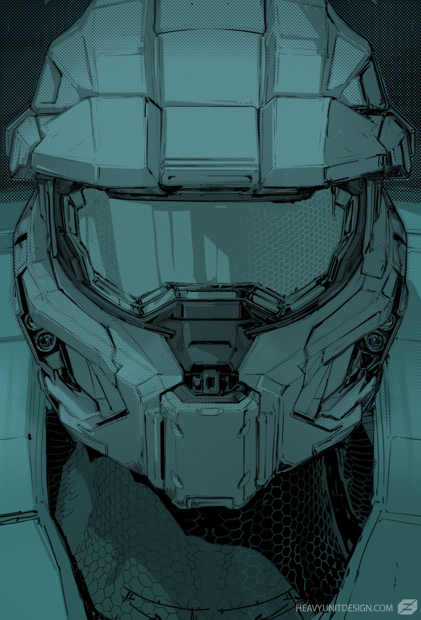 1boy aqua_theme assault_visor english_commentary halo_(series) highres male_focus master_chief mike_hill monochrome portrait power_armor science_fiction solo spartan_(halo) straight-on