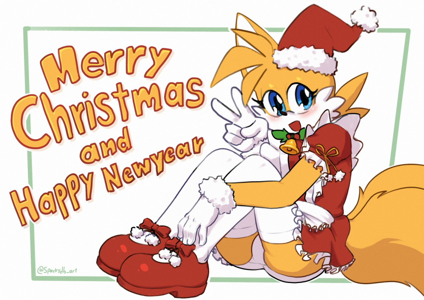 2_tails anthro bell blush canid canine christmas christmas_clothing christmas_headwear clothing english_text fox gesture girly gloves handwear hat headgear headwear hi_res holidays looking_at_viewer maid_uniform male mammal miles_prower multi_tail new_year open_mouth open_smile panties panty_shot santa_hat sega sitting smile solo sonic_the_hedgehog_(series) sparkydb tail text underwear uniform v_sign