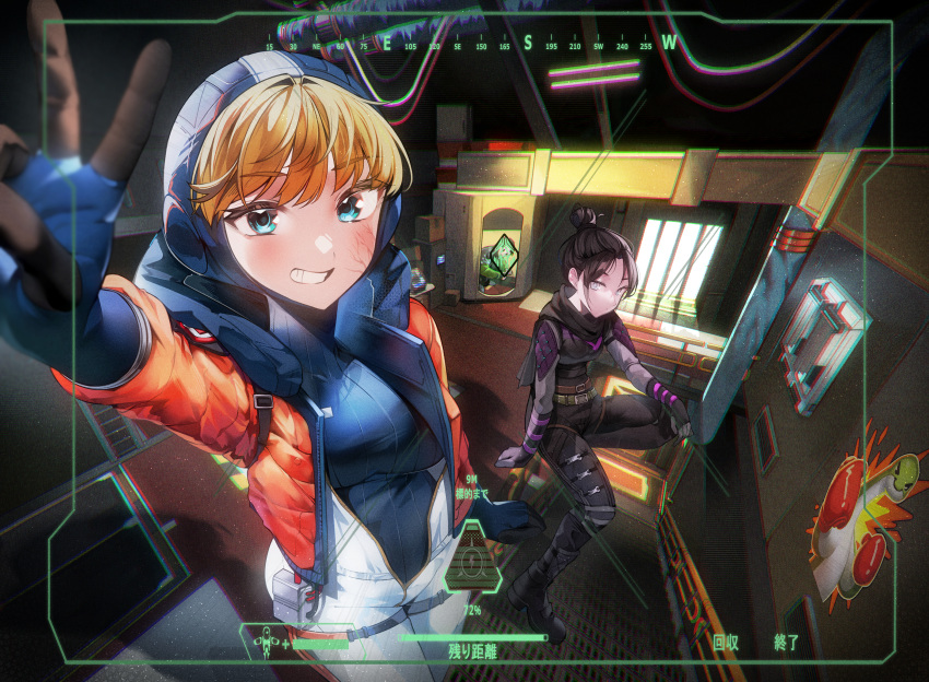 1boy 2girls absurdres animification apex_legends black_bodysuit black_footwear black_hair black_scarf blue_bodysuit blue_gloves blush bodysuit boots breasts cable commentary crypto_(apex_legends) gloves grey_eyes hack_(apex_legends) hair_behind_ear hair_bun highres hood hood_down hood_up hooded_bodysuit hooded_jacket indoors jacket lightning_bolt_symbol looking_at_viewer medium_breasts multiple_girls nessie_(respawn) nitogebeto orange_jacket scar scar_on_cheek scar_on_face scarf single_hair_bun sitting smile squatting symbol-only_commentary v viewfinder wattson_(apex_legends) white_bodysuit white_jacket world's_edge wraith_(apex_legends)