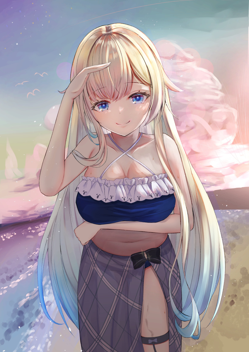 1girl absurdres aizawa_ema arm_under_breasts arm_up bangs bare_arms bare_shoulders bikini bird blonde_hair blue_bikini blue_eyes blue_hair breasts cleavage closed_mouth cloud collarbone commentary_request cowboy_shot criss-cross_halter gradient_hair grey_skirt hair_flaps halterneck highres horizon leaning_forward long_hair looking_at_viewer multicolored_hair navel outdoors plaid plaid_skirt side-tie_skirt skirt smile solo swimsuit very_long_hair virtual_youtuber vspo! yukihime_(haletterbee)