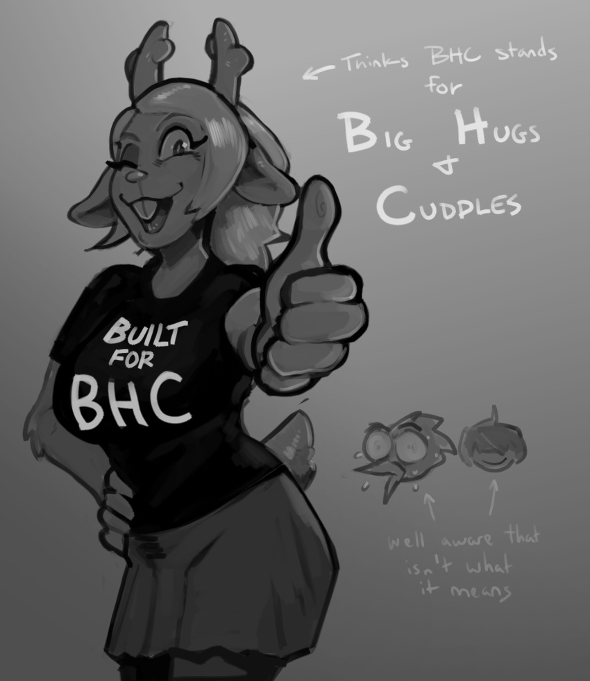 2023 anthro avian berdly bird capreoline clothed clothing deer deltarune english_text female gesture greyscale group hair hi_res horn human kris_(deltarune) latchk3y looking_at_viewer male mammal monochrome noelle_holiday open_mouth open_smile reindeer simple_background smile smiling_at_viewer text thumbs_up trio undertale_(series)