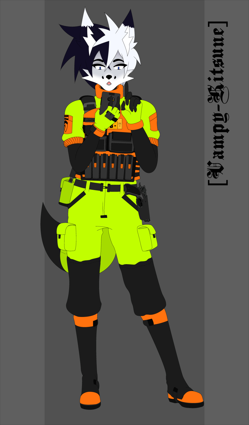 absurd_res anthro canid canine cellphone fox gun handgun hi_res looking_at_object looking_at_phone male mammal military military_clothing naitokitsune phone pistol ranged_weapon solo weapon