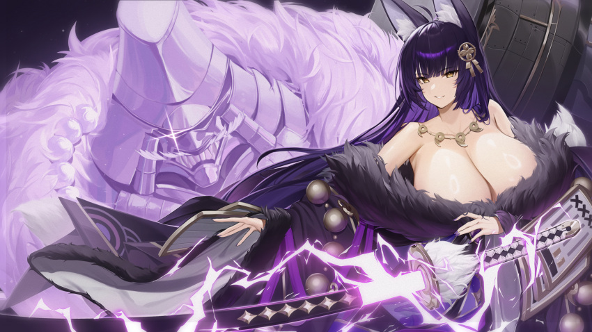 1girl absurdres ahoge animal_ear_fluff animal_ears azur_lane bare_shoulders black_hair black_kimono breasts cleavage electricity floating_hair fox_ears fox_girl fur-trimmed_kimono fur_trim glowing hair_ornament highres huge_breasts japanese_clothes jewelry katana kimono kitsune long_hair long_sleeves looking_at_viewer magatama magatama_necklace musashi_(azur_lane) necklace off_shoulder outstretched_arm parted_lips rigging samart_normal smile solo sword upper_body very_long_hair weapon wide_sleeves yellow_eyes