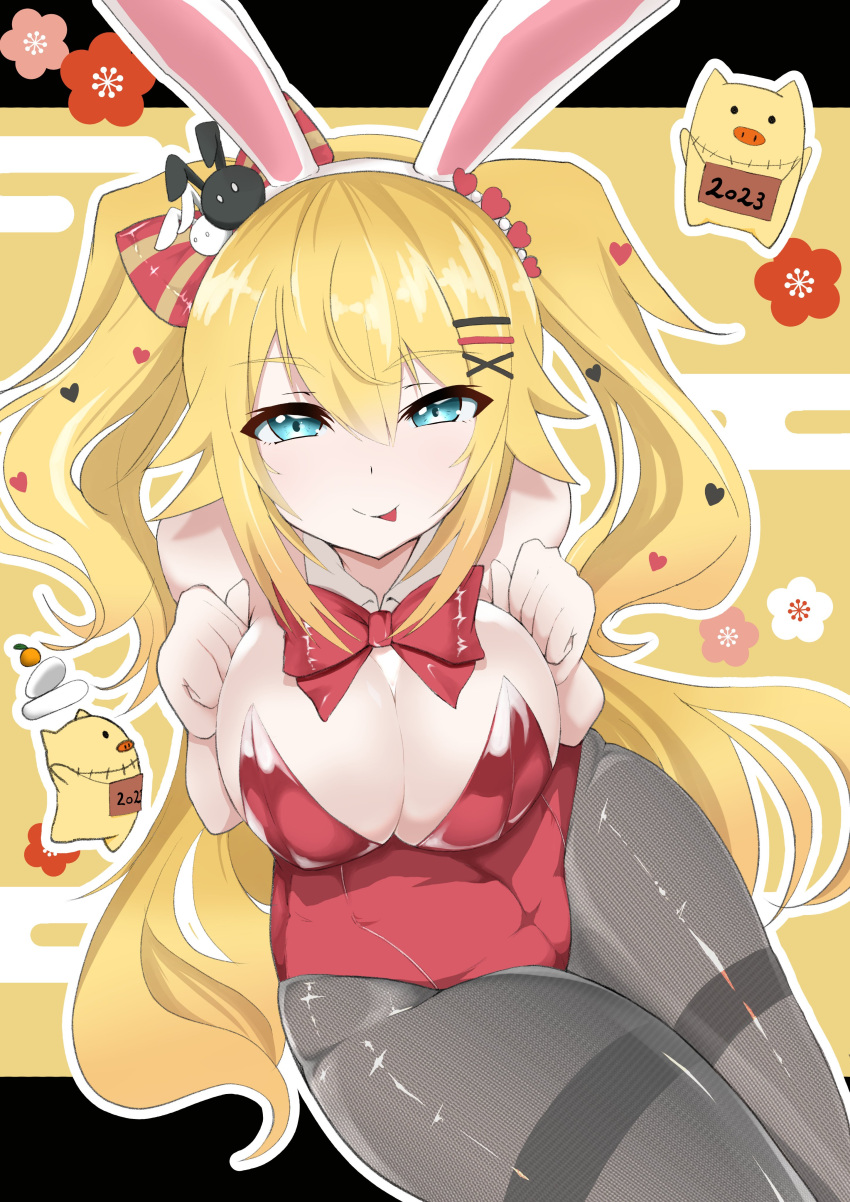 1girl absurdres akai_haato animal_ears black_pantyhose blonde_hair blue_eyes bow breasts chinese_zodiac cleavage collar commentary_request dande detached_collar egasumi fake_animal_ears haaton_(akai_haato) hair_ornament heart heart_hair_ornament highres hololive large_breasts leotard long_hair looking_at_viewer pantyhose playboy_bunny rabbit_ears rabbit_hair_ornament red_bow red_leotard tongue tongue_out twintails virtual_youtuber white_collar white_wrist_cuffs wrist_cuffs year_of_the_rabbit