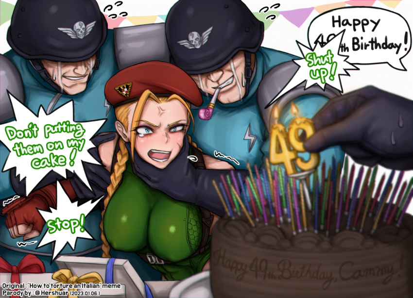 1girl 3boys anger_vein antenna_hair artist_name beret birthday birthday_cake black_gloves blonde_hair blue_eyes braid breasts cake cammy_white candle chocolate_cake clenched_hand crying fingerless_gloves food gift gloves green_leotard happy_birthday hat helmet hershuar large_breasts leotard meme multiple_boys parody red_gloves scar shadaloo soldier speech_bubble strap street_fighter street_fighter_v twin_braids