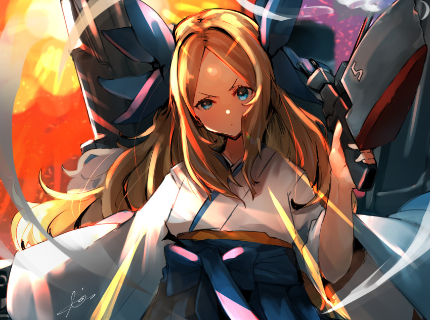 1girl adapted_turret asakaze_(kancolle) bangs blue_bow blue_bowtie blue_eyes blue_hakama bow bowtie cannon cowboy_shot forehead hakama highres japanese_clothes kantai_collection light_brown_hair long_hair looking_at_viewer meiji_schoolgirl_uniform parted_bangs sidelocks signature solo sunday_aki turret wavy_hair