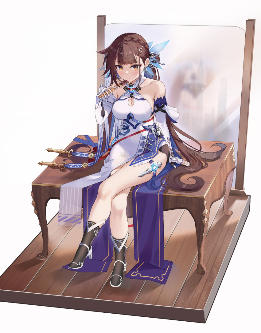 1girl absurdres bangs bare_shoulders breasts brown_eyes brown_hair china_dress chinese_clothes cleavage cleavage_cutout clothing_cutout crossed_legs desk dress elbow_gloves fingerless_gloves full_body gloves hair_ornament hand_fan highres holding holding_fan honkai_(series) honkai_impact_3rd kind1516 li_sushang li_sushang_(jade_knight) long_hair on_desk pelvic_curtain shadow simple_background sitting sitting_on_desk solo white_background white_dress white_gloves wooden_floor