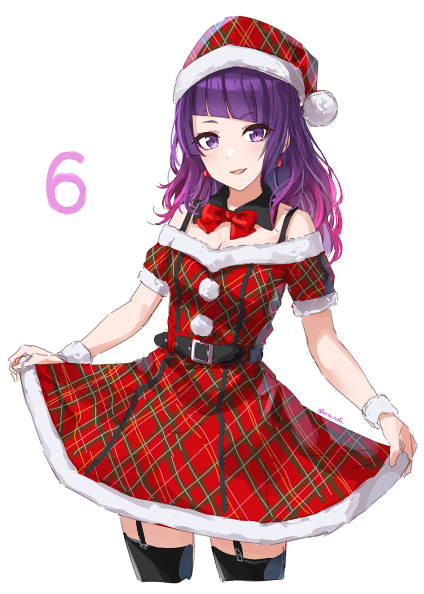 1girl asymmetrical_bangs bangs belt belt_buckle black_belt black_collar black_thighhighs breasts buckle cleavage collar commentary_request diagonal_bangs earrings fur_trim garter_straps hair_down highres idolmaster idolmaster_shiny_colors jewelry long_hair medium_breasts plaid purple_eyes purple_hair red_ribbon ribbon santa_costume skirt_hold smile solo suke_(momijigari) tanaka_mamimi thighhighs