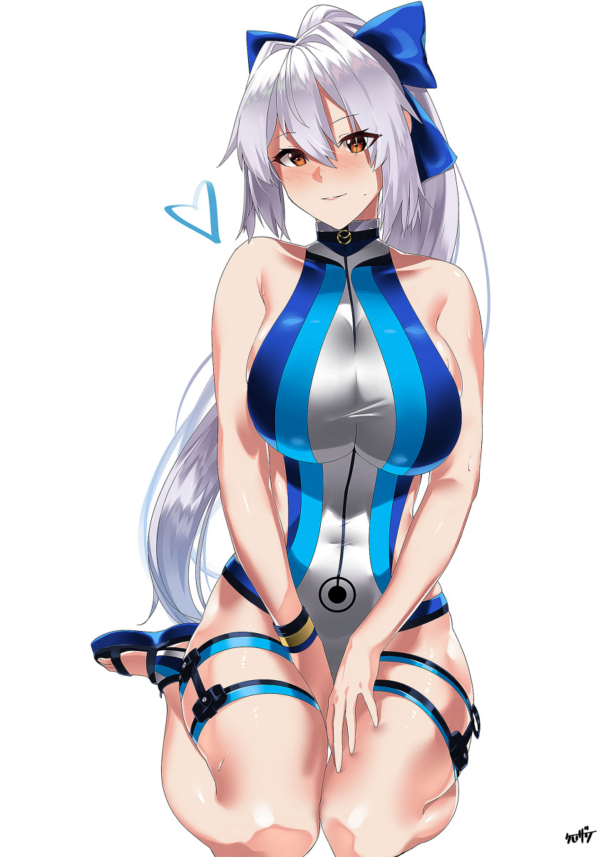 1girl absurdres bangs blue_bow blue_one-piece_swimsuit bow breasts fate/grand_order fate_(series) grey_hair hair_between_eyes hair_bow highleg highleg_swimsuit highres kurozawa_yui large_breasts long_hair looking_at_viewer one-piece_swimsuit ponytail red_eyes sandals seiza sitting solo swimsuit thighs tomoe_gozen_(fate) tomoe_gozen_(swimsuit_saber)_(fate) tomoe_gozen_(swimsuit_saber)_(first_ascension)_(fate) two-tone_swimsuit white_one-piece_swimsuit