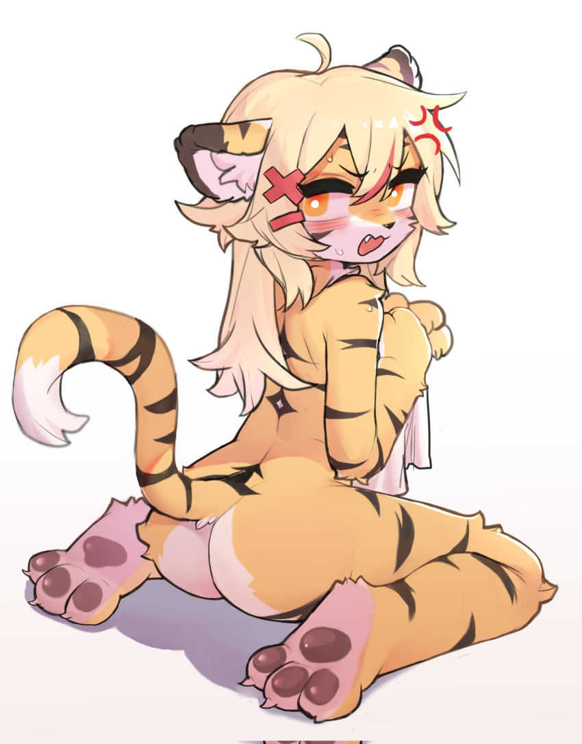 2023 3_toes anthro blonde_hair blush butt claws crayon_(artist) cross-popping_vein cute_fangs digital_media_(artwork) feet felid female female_anthro fur hair hi_res kemono looking_at_viewer looking_back looking_back_at_viewer mammal multicolored_body multicolored_fur nude pantherine pawpads paws sitting solo tail tiger toe_claws toes wariza