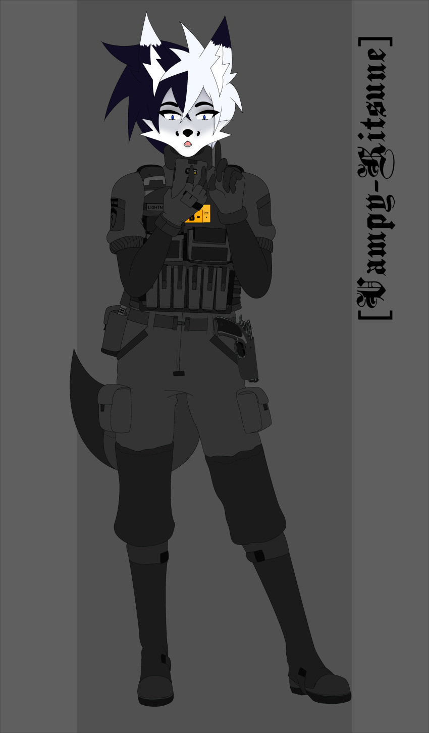 absurd_res anthro canid canine cellphone fox gun handgun hi_res looking_at_object looking_at_phone male mammal military military_clothing naitokitsune phone pistol ranged_weapon solo weapon