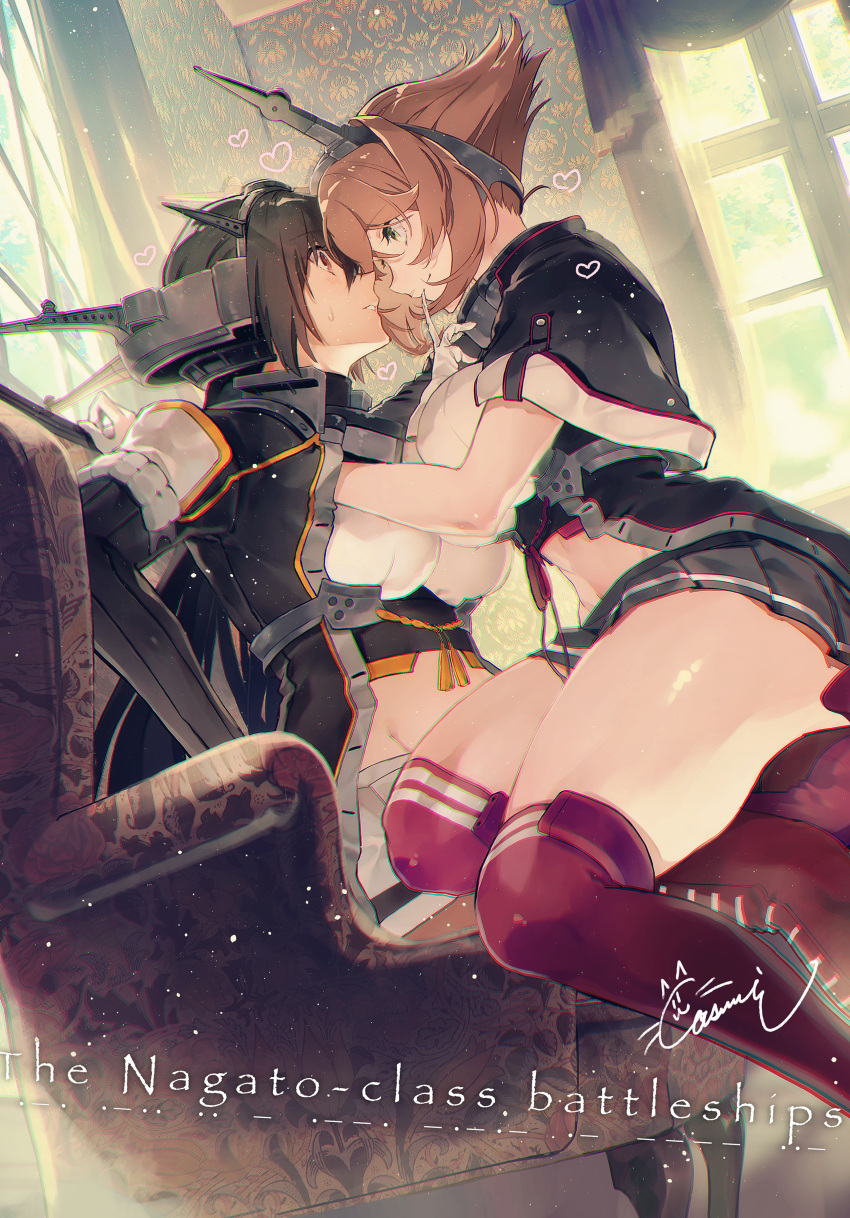 2girls absurdres black_hair black_jacket black_skirt breasts brown_hair chromatic_aberration cosmic_(crownclowncosmic) green_eyes headgear highres indoors jacket kantai_collection large_breasts long_hair looking_at_another multiple_girls mutsu_(kancolle) mutsu_kai_ni_(kancolle) nagato_(kancolle) nagato_kai_ni_(kancolle) red_eyes short_hair shrug_(clothing) skirt striped striped_skirt thick_thighs thighhighs thighs white_skirt yuri